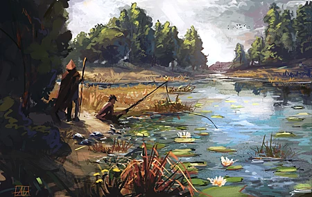 渔夫 山羊 早餐 数码绘画 风景 河流 4K高清壁纸 4500×3000