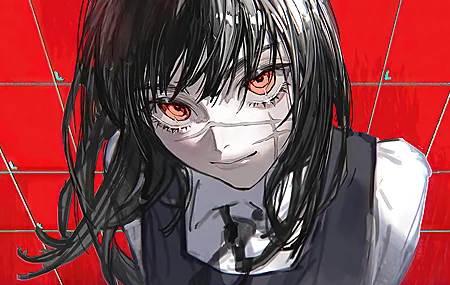 热门红眼睛 微笑 电锯人 伤疤 黑发 校服 红色背景 动漫 女孩 三高浅草 高清壁纸 3840×2160