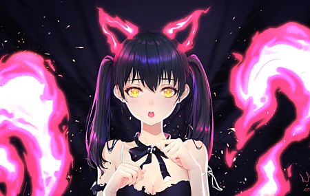 猫女孩 张嘴 女孩 动漫 黄眼睛 黑发 衣服 双尾 猫耳 猫尾 4K壁纸 7000×3938