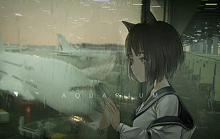 动漫 女孩 雨 猫耳朵 机场 玻璃 眺望 4K高清壁纸 5040×2160