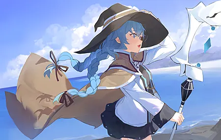 魔法师 辫子 蓝头发 蓝眼睛 风 动漫 女孩 水 云 帽子 巫师帽子 双尾 4K高清壁纸 4096×2444