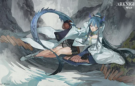 蓝头发 蓝眼睛 奇幻 女孩 骑士 铃儿 动漫 号角 龙女孩 尾巴 兽耳 明日方舟 高清壁纸 5866×3300