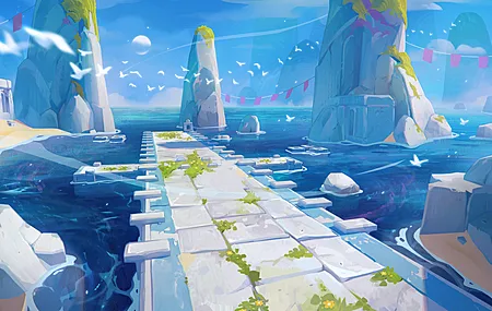 桥梁 风景 海洋 水 岩层 鸟类 动物 蓝色 奇幻艺术 云 AI艺术 壁纸 3840×2160