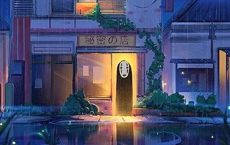 千与千寻 灯光效果 反射 雨 夜 4K壁纸 3840×2160