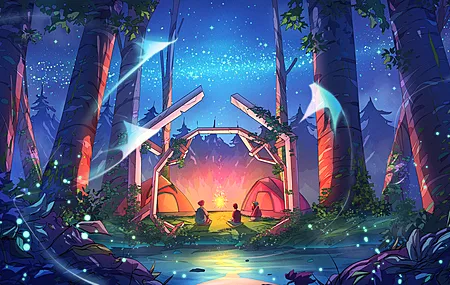 绝美克里斯蒂安·贝纳维德斯 AI艺术 奇幻艺术 螳螂 森林 露营 帐篷 星星 夜晚 拱门 桌面壁纸 3840×2160