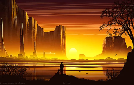 热门人 AI艺术 例证 风景 自然 黄色 金 太阳 太阳光线 日落 黄昏 晚上 峡谷 建筑 树 阴影 黑暗的 大厦 镇 城市 天空 黄色背景 水 反射 户外 湖 山 温暖 西部 幻想艺术 科幻小说 未来派 壁纸 3840×2160