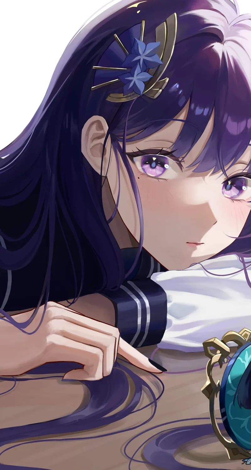 黑眼圈 眼角 紫色头发 女学生 动漫 动漫女孩 原神 雷登幕府 紫色眼睛 桌子 窗户 校服 4 4K高清壁纸 4801×5644