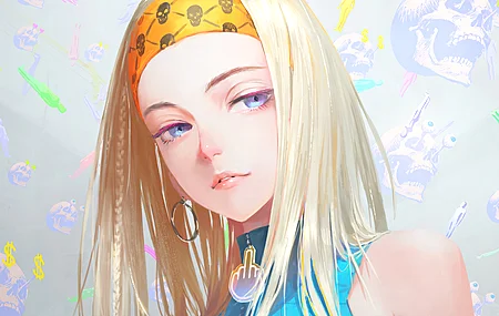蓝眼睛 金发 横山 动漫女孩 AI艺术 发带 剪裁 嬉皮士 骷髅 壁纸 3840×2160