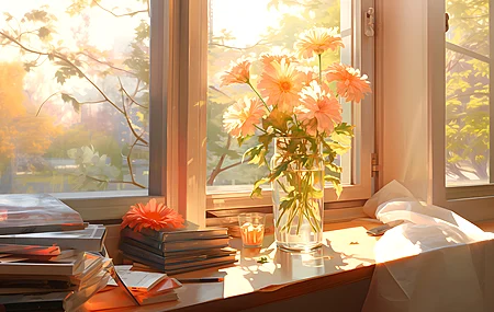 阳光 花园 书籍 鲜花 窗台 艺术 壁纸 3840×2160