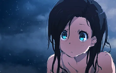 长发 蓝眼睛 汤姆·斯肯德 原创人物 脸 动漫女孩 黑发 动漫 邪恶艺术 蓝色背景 壁纸 5120×2880