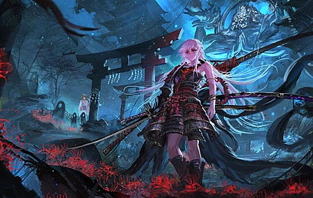绚丽白发 长发 红眼睛 幻想女孩 幻想曲 动漫女孩 展望远方 武士 盔甲 武器 幻想艺术 环境 鲜花 建筑 雕像 黑色 数码绘画 插图 素描 AI艺术 扇形艺术 高清壁纸 4822×2353