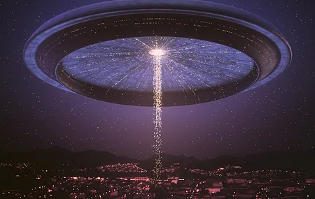 不明飞行物 宇宙飞船 城市 夜晚 未来主义 科幻小说 星星 灯光 漂浮粒子 母舰 外星人绑架 山 鸟瞰 壁纸 7150×5280