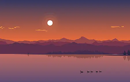 热门矢量 湖 鸭子 山 云 太阳 AI艺术 森林 树木 高清壁纸 3840×2160