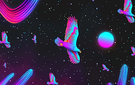 经典数码艺术 插图 素描 数码绘画 夜 天空 鸟 沙漠 仙人掌 月亮 月光 夜空 黑暗 霓虹 星星 星夜 星空 风景 鹰 飞 合成波 汽波 逆波 壁纸 3840×2160