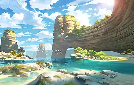 热门凯文·格努茨曼 风景 AI艺术 插图 自然 海滩 海洋 悬崖 岩层 云 沙 水 阳光 天空 高清壁纸 3840×2254