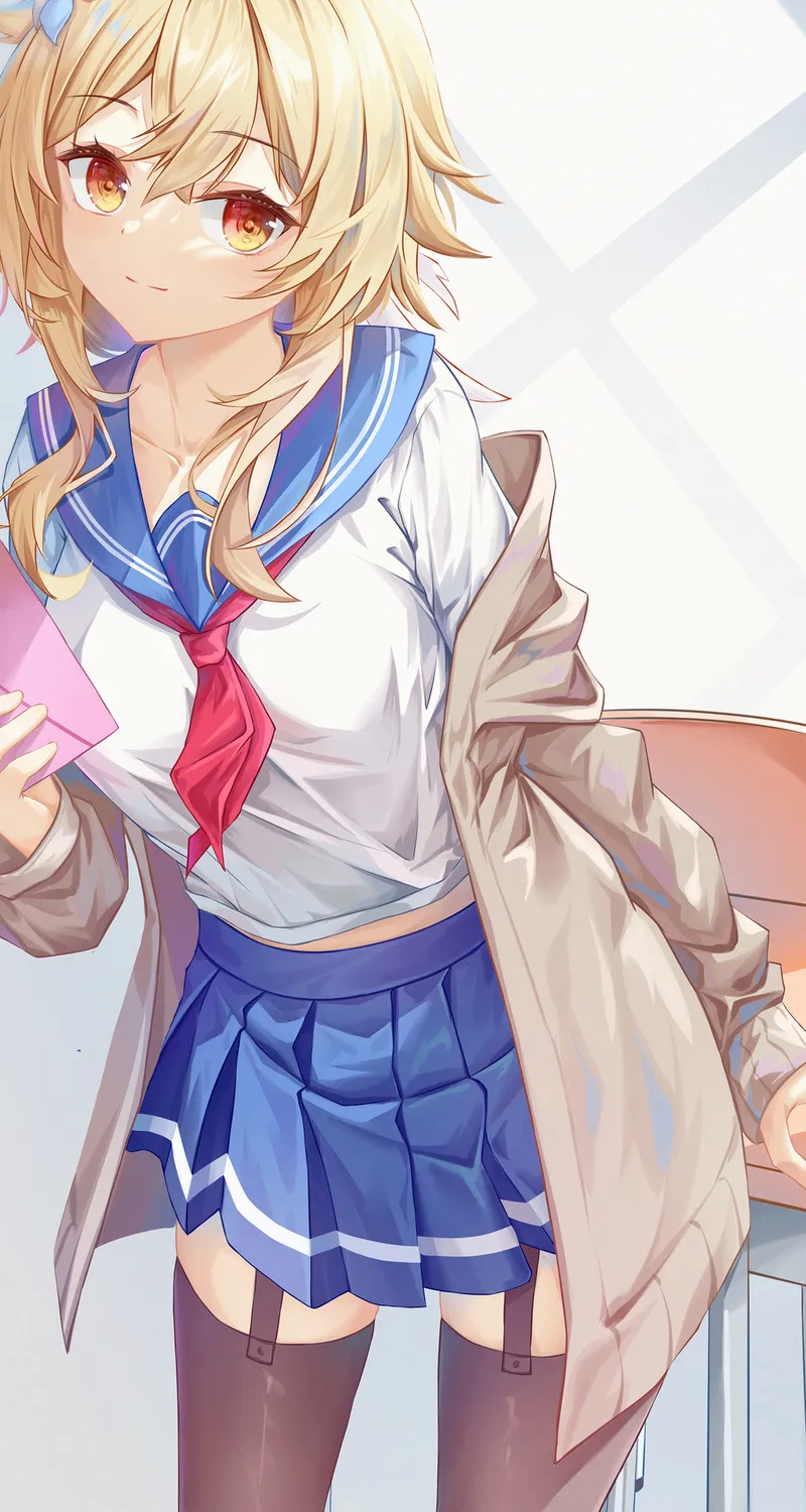 金发女郎 原神 动漫女孩 黄眼睛 校服 大腿高 4 4K壁纸 4134×5847