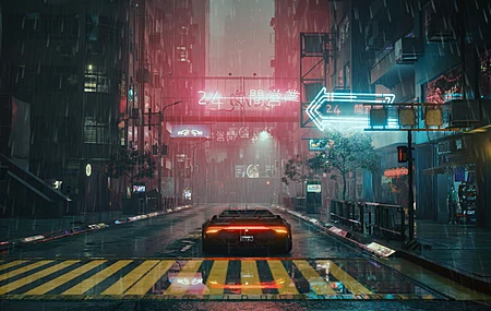 超清汽车 霓虹灯 赛博朋克 雨 反射 尾灯 道路 AI艺术 游戏CG 桌面壁纸 6400×3200