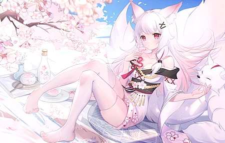 绝美睡衣 白发 红眼睛 动漫 动漫女孩 樱花 狐狸少女 兽耳 尾巴 服装 大腿高 4K壁纸 5332×3000