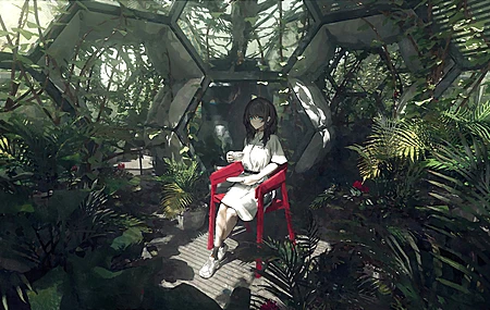 经典坐着 盘子 动漫女孩 椅子 杯子 植物 树叶 耳环 花朵 高清壁纸 3840×2160