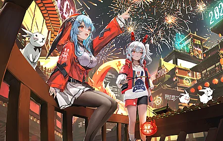 热门新年 烟花 灯笼 中国新年 动漫女孩 城市灯光 电脑 高清壁纸 4581×2577