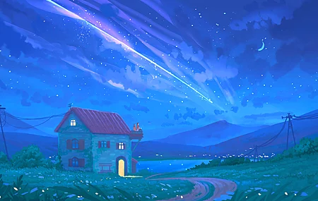 热门自然 房屋 夜晚 天空 月亮 流星 星星 高清壁纸 5000×2811