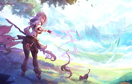 精灵 幻想女孩 原创人物 御津 兽耳 权杖 魔术 猫 概念艺术 幻想艺术 绘画 插图 AI艺术 4K高清壁纸 5760×3240