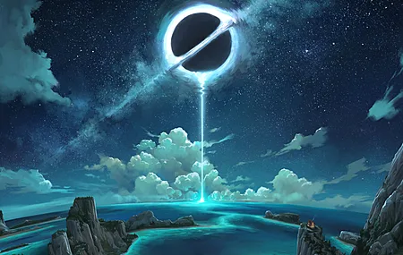 AI艺术 插图 自然 风景 夜 夜景 云 星星 黑洞 海滩 海 水 悬崖 房子 天空 4K壁纸 3840×3317