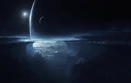 风景 自然 空间 行星 宇宙 AI艺术 插图 素描 数字绘画 黑暗 黄昏 夜晚 夜空 薄雾 卫星 壁纸 4096×2304