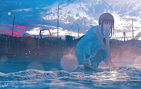 原创人物 摩天轮 海 海滩 动漫 动漫女孩 云 4K高清壁纸 3840×2160