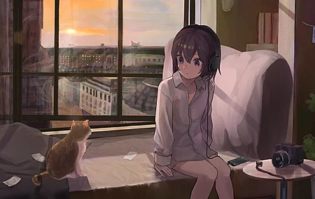 唯美动漫 猫 窗户 耳机 动物 动漫女孩 室内 4K壁纸 3840×2160