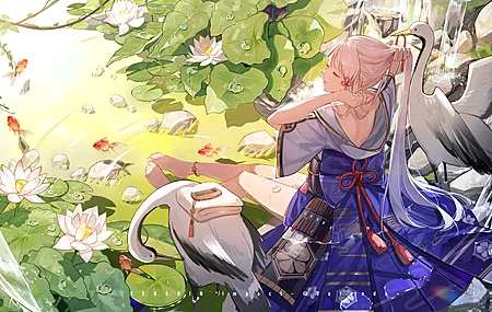赤脚 原神 动漫女孩 服装 鹤 鸟 4K高清壁纸 5432×3081