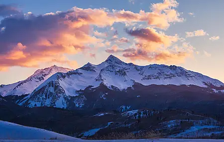 云 自然 冬天 雪 日落 科罗拉多州 风景 森林 田野 山口 夕阳辉光 山脉 壁纸 5214×3476