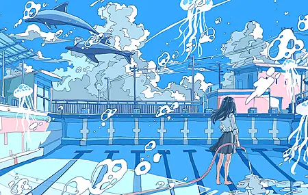 女学生 动漫 动漫女孩 海豚 水母 动物 水 云 游泳池 校服 壁纸 7680×4320