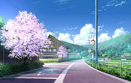 动漫 樱花 路 房子 天空 云 壁纸 5760×3240