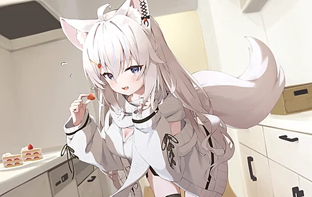 绝美狐狸耳朵 狐耳 狐狸尾巴 狐尾 长头发 动漫 动漫女孩 狐狸少女 异色 蛋糕 草莓 糖果 两个音的头发 脸红 手机壁纸 3840×2160