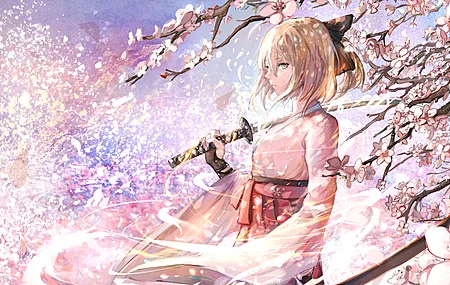 高清短发 金发 剑女 奇幻女孩 动漫 动漫女孩 武侠 服装 樱花 命运系列 冈田秀二 皮耶夫 剑 武器 奇幻艺术 桌面壁纸 4000×2400