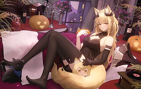 狐狸耳朵 狐耳 狐狸尾巴 狐尾 金发女郎 明日方舟 动漫女孩 狐狸女孩 狐女 南瓜 长袜 猫 蜡烛 鲜花 壁纸 5000×2800