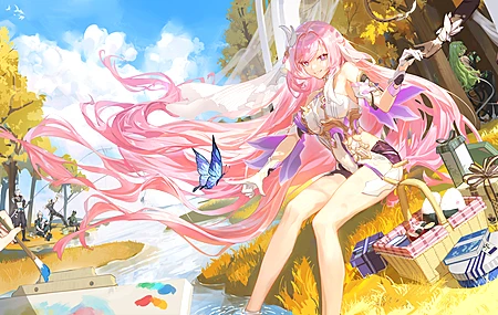 长发 看观众 牵手 微笑 腿 粉色头发 绘画 动漫女孩 电脑 壁纸 3840×2160