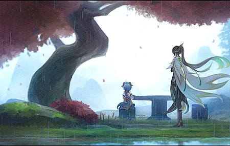 马尾辫 原神 动漫 动漫女孩 树 草 雨 壁纸 4049×2782