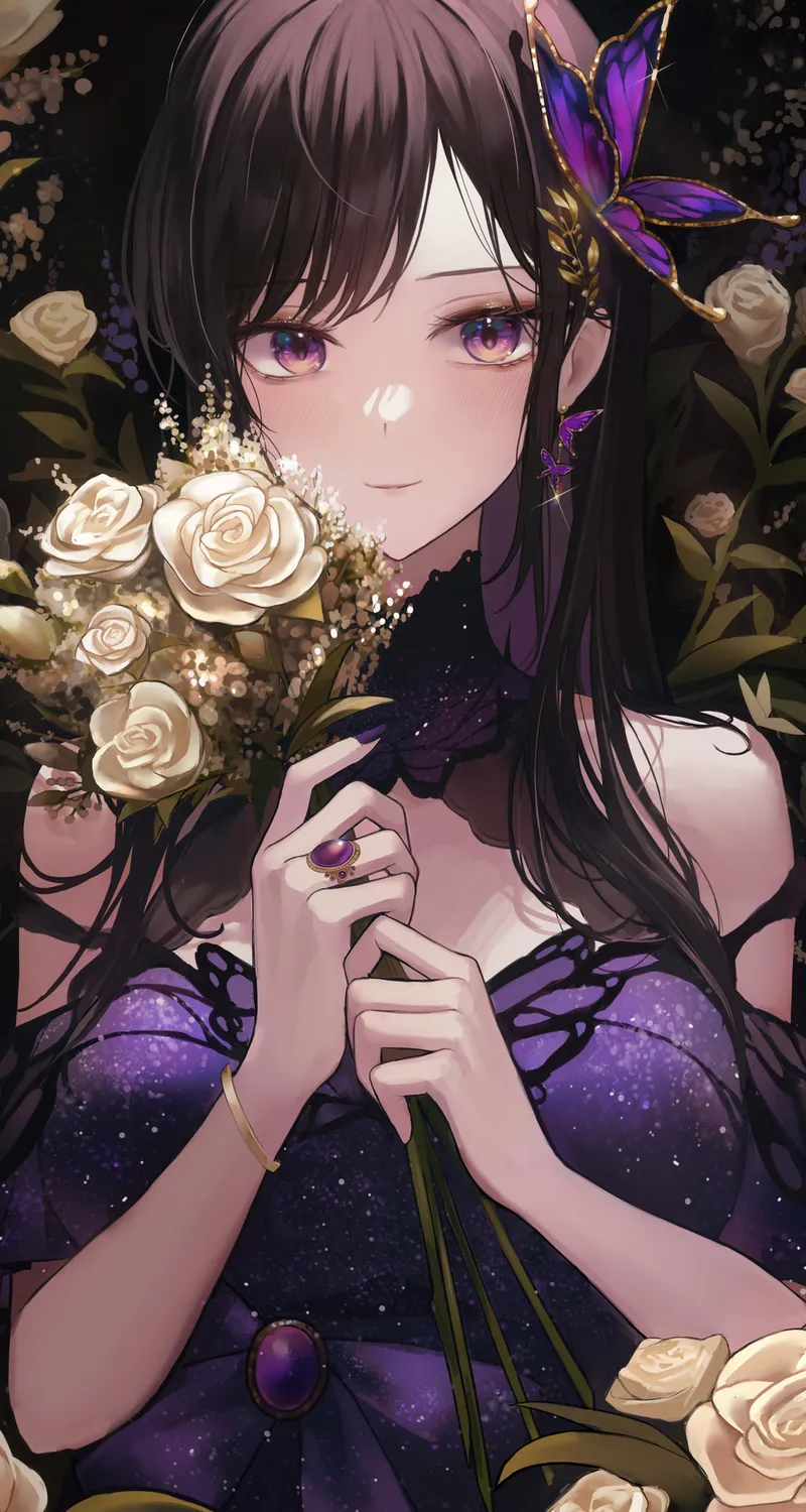 热门原创人物 肩膀 长发 微笑 闭嘴 动漫女孩 连衣裙 紫色衣服 腮红 紫色眼睛 耳环 黑发 发饰 花束 树叶 黑色背景 珠宝 无肩礼服 白色鲜花 戒指 蝴蝶 鲜花 4 高清壁纸 4500×6354