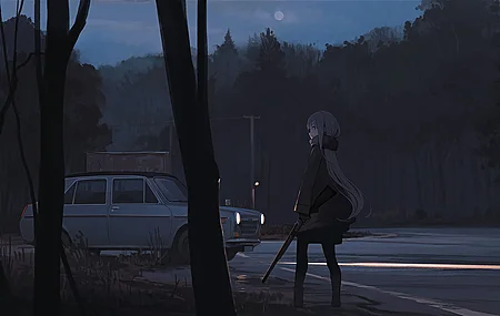 长发 苍白 动漫 动漫女孩 黑色背景 夜晚 森林 汽车 道路 武器 4K高清壁纸 3840×2160
