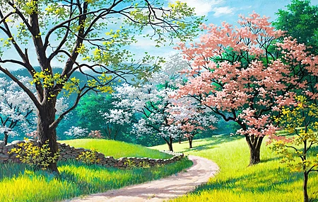 AI艺术 奇幻艺术 自然 花朵 树木 土路 田野 树枝 春天 小路 草地 4K高清壁纸 3840×2160