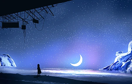 优雅 AI艺术 插图 极简主义 夜晚 星星 月亮 夜景 风景 自然 星夜 新月 星空 高清壁纸 5640×2400