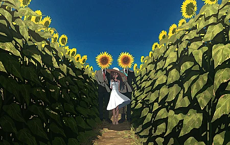 高清站着 长发 赤脚 动漫女孩 晴空 向日葵 夏天 连衣裙 草帽 天空 树叶 白色连衣裙 小路 太阳裙 壁纸 5120×3073