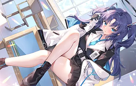 长发 坐着 双腿交叉 女学生 双腿 动漫 动漫女孩 蔚蓝档案 光环 书桌 校服 脸红 明星 手套 教室 窗户 云 双尾 壁纸 6000×3376