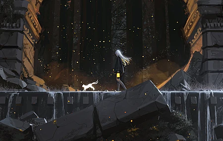 奇幻艺术 绘图 废墟 走路的女孩 概念艺术 猫 4K高清壁纸 3840×2160