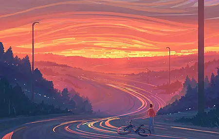 热门道路 日落 自行车 插画风格 自由向往 高清壁纸 3840×2160
