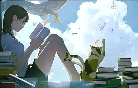 猫 天空 书 眼镜 动漫女孩 动物 壁纸 6002×3706