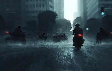 热门摩托车 汽车 运动模糊 AI艺术 雨中的摩托车 高清壁纸 3840×2160