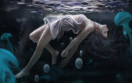 高清AI艺术 水母 水下 水中 动漫女孩 壁纸 4096×2652
